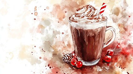 Watercolor mug of cocoa with whipped cream