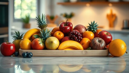 A colorful assortment of fresh fruits in a wooden tray, showcasing vibrant hues of red, yellow, green, and orange, a delightful display of nature's bounty