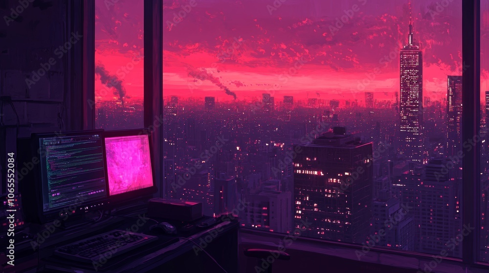 Aufkleber night cityscape view from window with computer desk and monitors