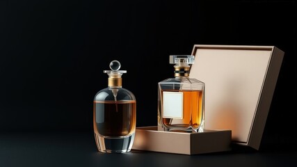 A Pair of Glass Perfume Bottles with a Golden Cap, Displayed Against a Dark Background, with One Bottle Sitting in a Beige Gift Box