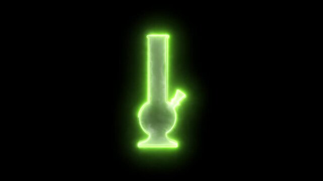 Neon bong animation. Glowing smoking device with smoke inside and light effects. Motion looped background. Medical marijuana bong shining silhouette isolated on a black background