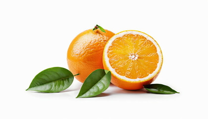 Fototapeta premium Two ripe oranges, one whole and one halved, sit next to green leaves against a clean white background, highlighting their freshness and vibrant color