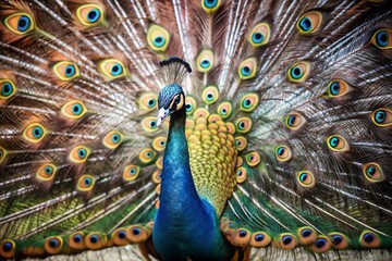 Obraz premium peacock with feathers with a green globe , lush green leaves and plants surround various white animals are shown, elephant, giraffe, rhinoceros, lion and more, paper cut style