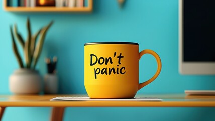 A vibrant yellow mug with the phrase "Don't panic" sits on a wooden surface against a turquoise background, creating a cheerful and calming atmosphere.