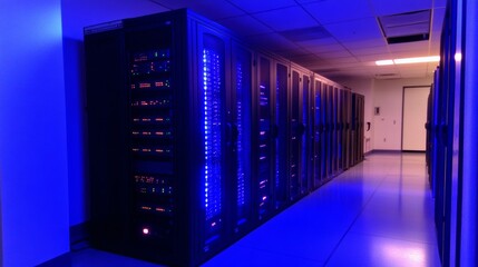 Data Center Server Room with Blue Lights and Network Equipment