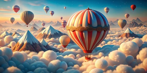 Fototapeta premium A Red and White Striped Hot Air Balloon Soaring Above Fluffy Clouds and Mountain Peaks at Sunset