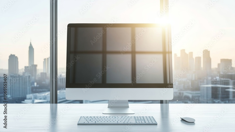 Aufkleber modern office desk with computer keyboard and mouse against cityscape window