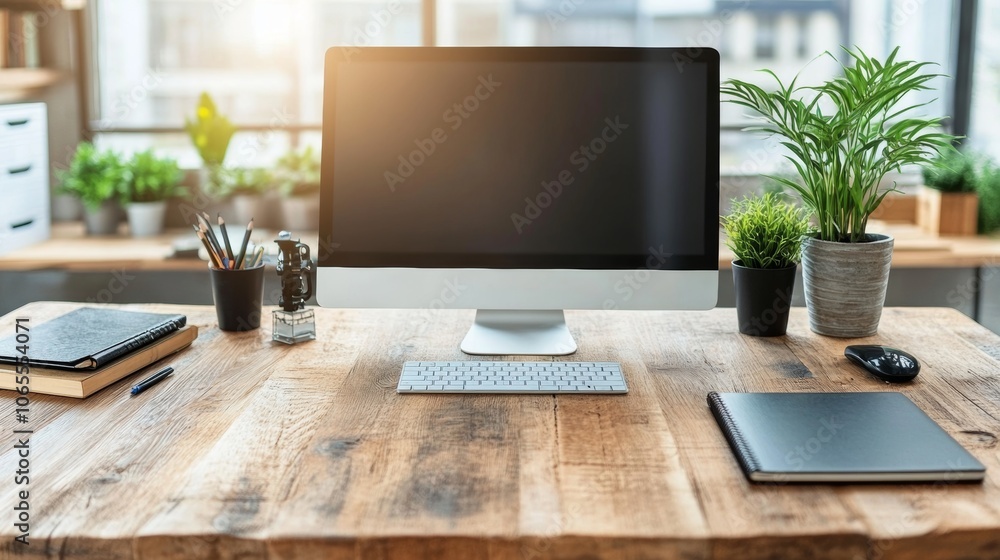 Poster modern office desk workspace with computer keyboard notebook and plants