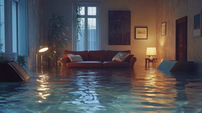 Floating furniture in a flooded living room, representing the value of home insurance in protecting against unforeseen natural events