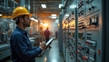 An electrical engineer inspects a control panel, ensuring safety and precision in industrial operations.

