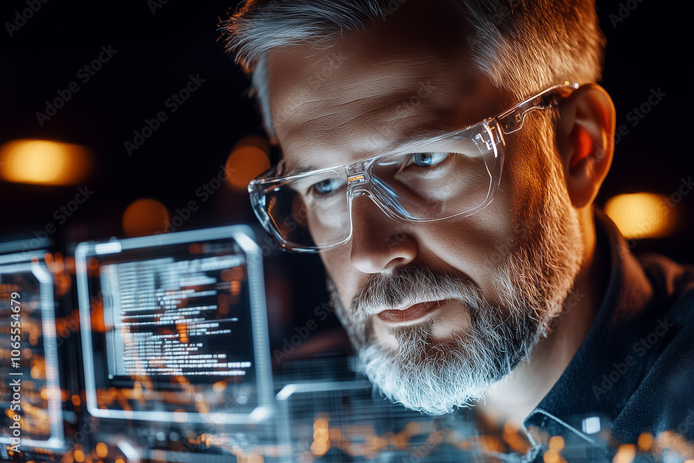 Poster a professional examines complex data displays on a transparent screen in a tech workspace at night