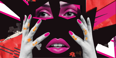 Expressive Halftone Collage with Bold Pink Eyeshadow, Vibrant Lips, and Hands in Focus: A Modern Retro Grunge Pop Art Vector Illustration Featuring Torn Text Background and Dynamic Color Accents