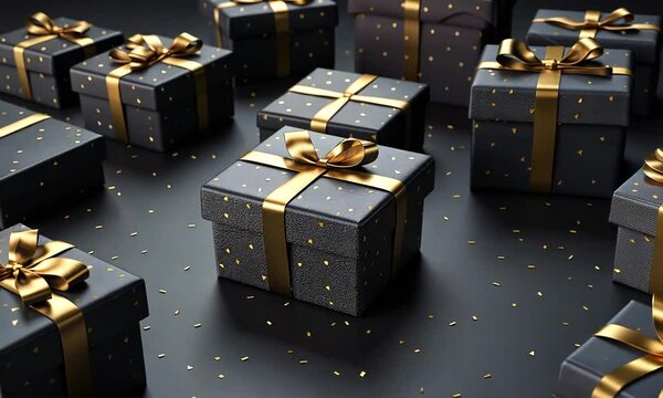 Delightful black and gold gift boxes scattered among shimmering confetti at an elegant celebration