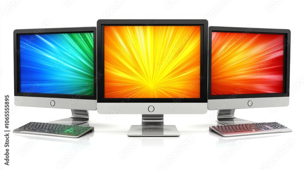 Poster modern desktop computers with colorful abstract screens and keyboards
