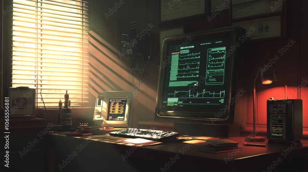 Poster retro futuristic office workspace with green screen computer and desk lamp