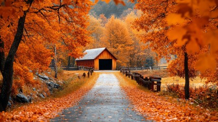 Fototapeta premium Autumn Barn Rustic Road Fall Colors Golden Leaves