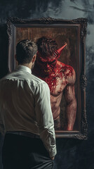 Obraz premium Psychological torment by your own demons and mental illness concept with a person looking in the mirror and seeing his own reflection as a demon, narcissist see monster in the mirror true reflection
