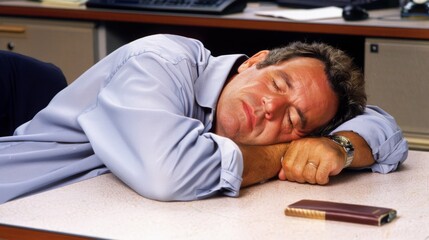 Tired Man Falling Asleep at Desk in Simple Office Setting