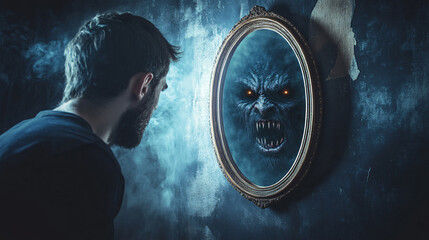 Psychological torment by your own demons and mental illness concept with a person looking in the mirror and seeing his own reflection as a demon, narcissist see monster in the mirror true reflection