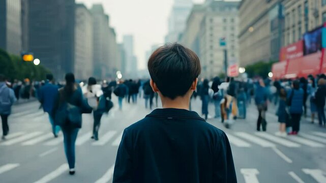 Lonely boy city street. People crowd walk background. Solitude concept. Sad alone guy stand urban road feel confusion. Stress, anxiety. Man loneliness concept. Realization, world stopped time lapse.
