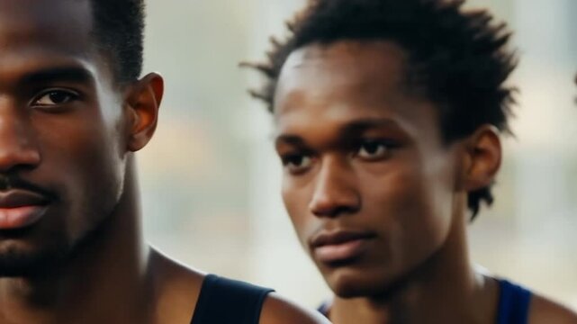 Athletes group prepare for race, showcasing determination and intensity. Confident sportsmen. Sport, fitness motivation. Sporty team ready for game. Portrait, looking at camera. - Powered by Adobe