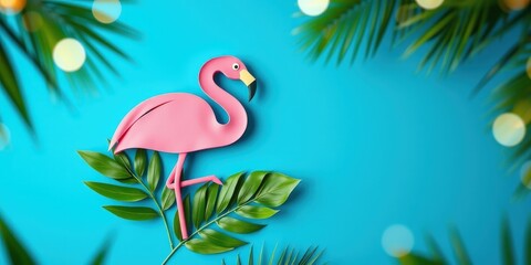 Obraz premium A pink flamingo figurine standing on green leaves against a blue background with blurry white lights