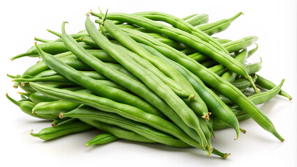 Obraz premium A vibrant collection of fresh green beans is arranged in a heap, showcasing their glossy skin and long, slender shape. Perfect for recipes or healthy meals