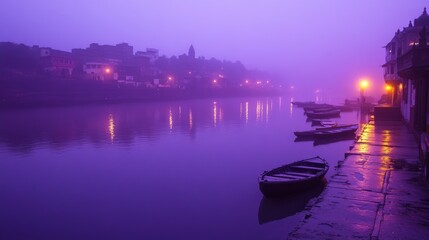 Fototapeta premium Serene Dawn Boats on the River Ganges India Silhouettes Fog Purple Sky