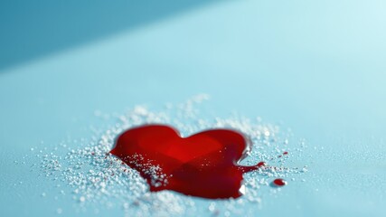 Fototapeta premium A heart-shaped bloodstain on a light blue surface surrounded by a scattering of tiny white crystals