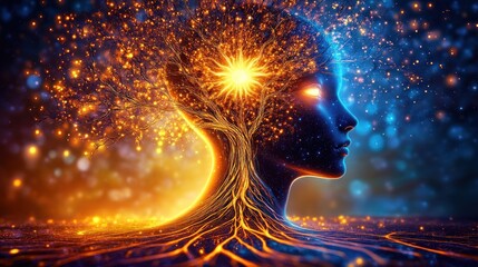 Third eye glowing with spiritual roots and branches, AI generated