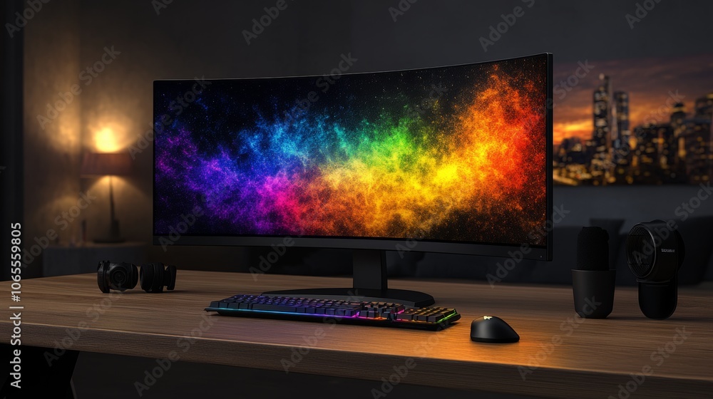Poster modern gaming setup with curved monitor keyboard and mouse