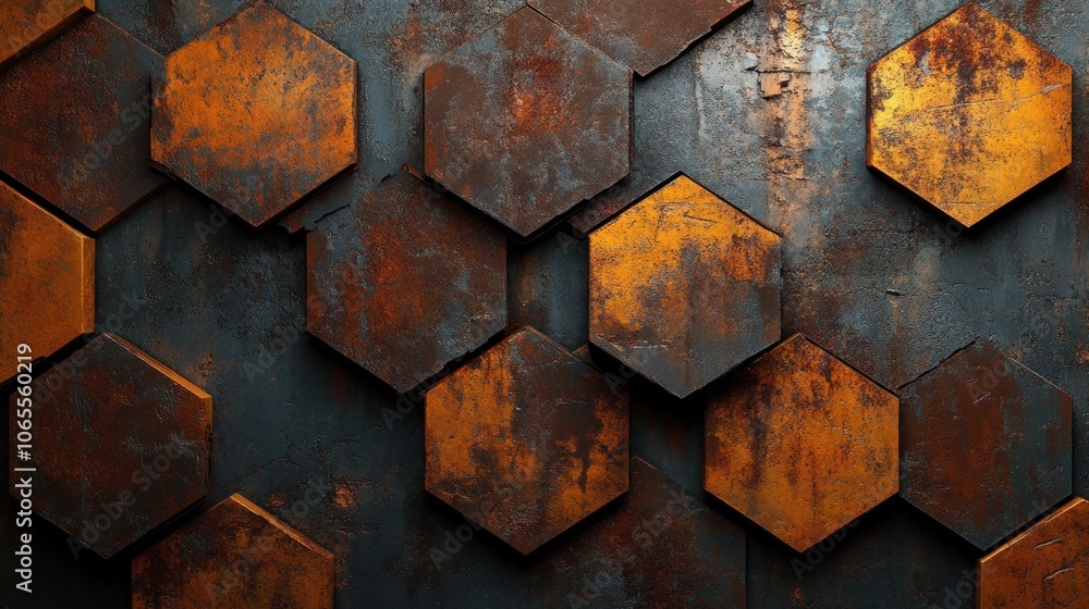 Poster industrial aesthetic of rust and steel with hexagonal patterns and distressed textures in earthy col