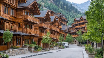Fototapeta premium Mountain Village Resort Wooden Chalets with Balconies and Mountain Views