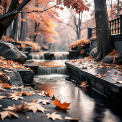 Fototapeta premium A serene autumn landscape with vibrant orange and yellow trees surrounding a calm lake, showcasing benches and a peaceful path for reflection.