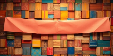 Fototapeta premium A vibrant orange banner hangs suspended in front of a mosaic wall of colorful wooden blocks.