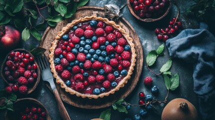A delicious berry tart with a flaky crust, filled with fresh raspberries, blueberries, and a sweet glaze.