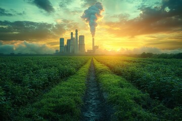 Sunset over industrial landscape with smokestacks rising above green fields