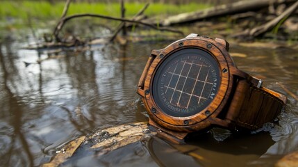 Naklejka premium Wooden Watch in Water Eco Friendly Timepiece Sustainable Fashion Accessory
