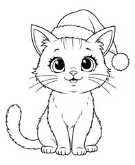 Obraz premium Christmas cat with Santa hat Coloring Page