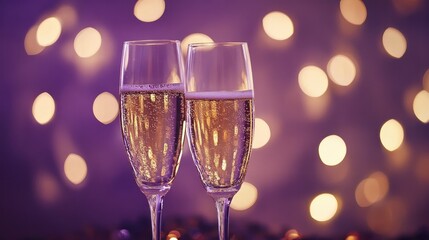 Toasting champagne flutes in front of a soft purple and gold bokeh backdrop, perfect for New Year or festive celebrations