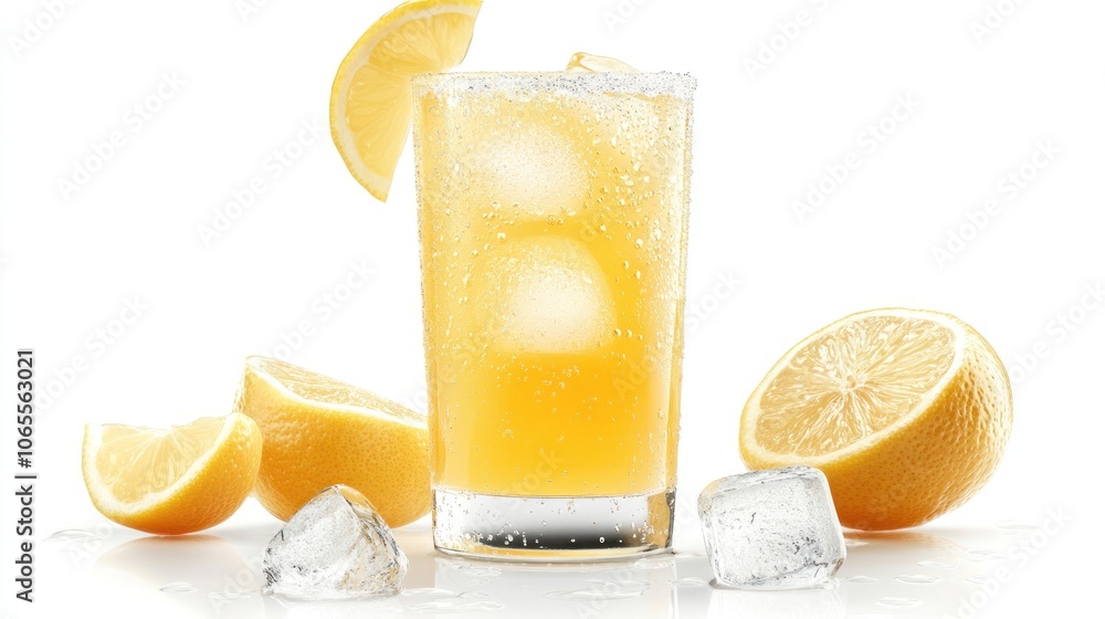 Poster a glass of lemonade with lemon slices and ice cubes
