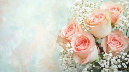 Fototapeta premium A soft, romantic banner with a bouquet of pastel roses and delicate baby breath, set against a watercolor background, perfect for a boutique flower shop