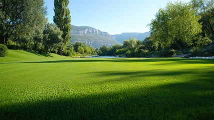 Verdant green lawn with pristine river and mountain scenery, capturing a picturesque scene perfect for promotional materials