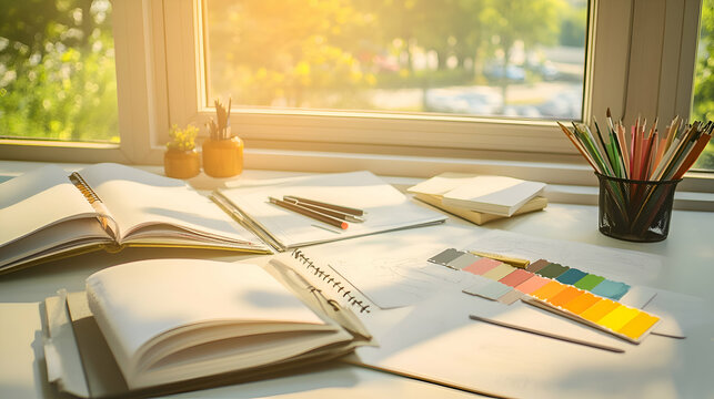 A desk by a window with open books, pencils, and a color palette, illuminated by the sun.