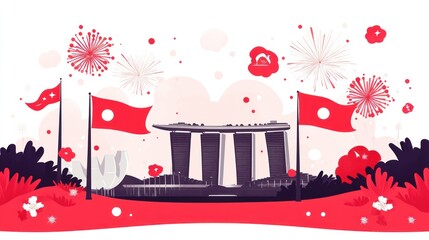 Festive Singapore Skyline with Flags and Fireworks