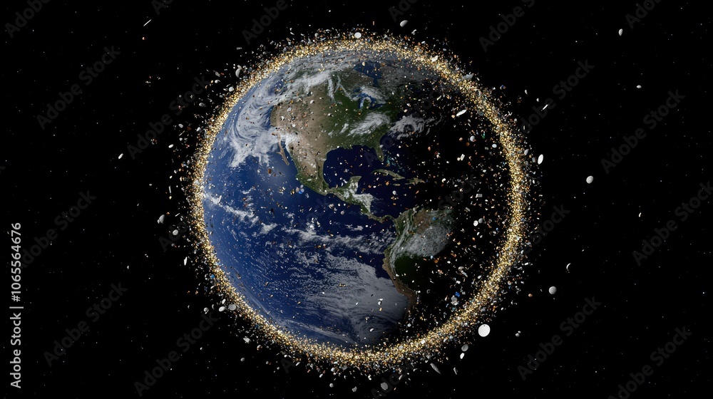 Fototapete 3d rendering of space debris floating around earth, emphasizing the pollution crisis in space and ri