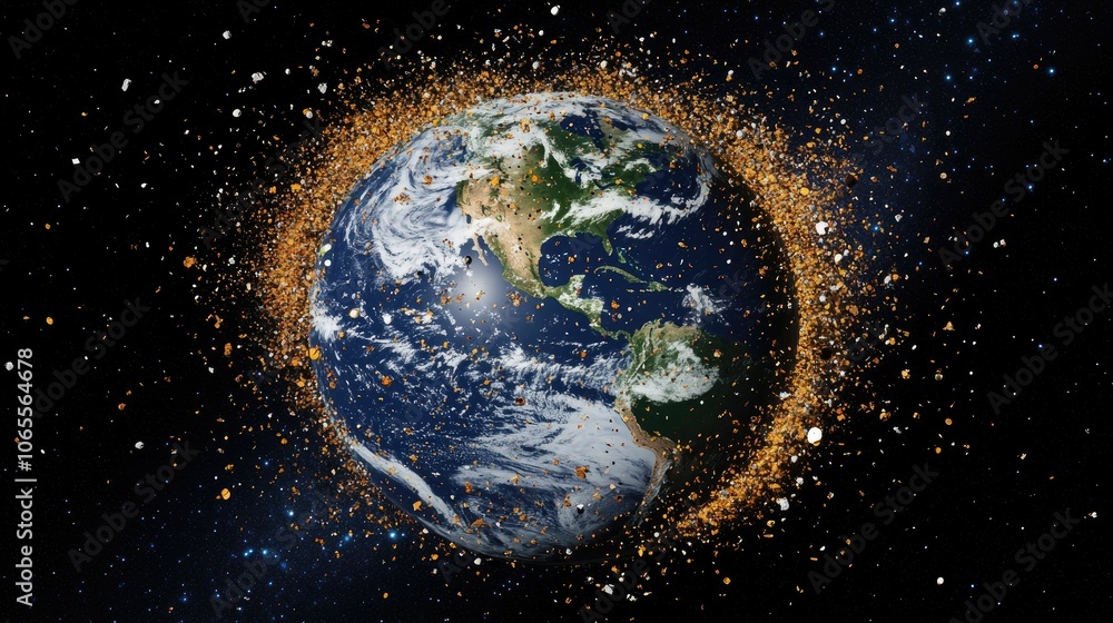 Fototapete 3d rendering of space debris floating around earth, emphasizing the pollution crisis in space and ri