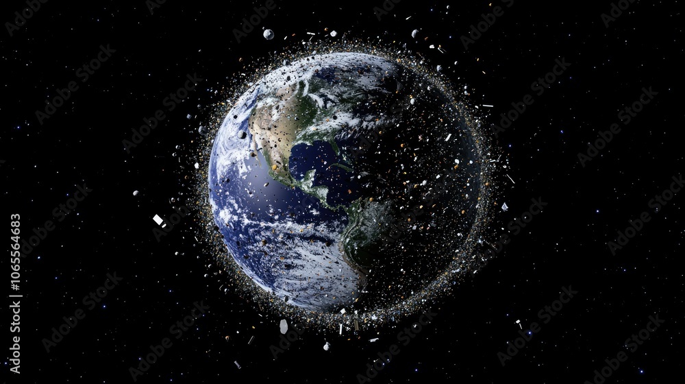 Fototapete 3d rendering of space debris floating around earth, emphasizing the pollution crisis in space and ri
