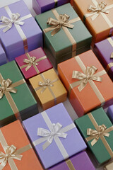 Fototapeta premium A 3D render of multiple matte Christmas gift boxes with pastel colors. Flatlay of holiday gifts or purchases.