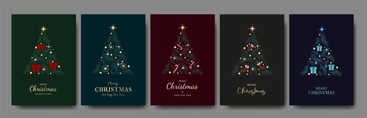 Collection of banners with Elegant Christmas tree, fir branches, lights, New Year elements and typography. Vector design concept greeting cards. Merry Christmas, Happy New Year.